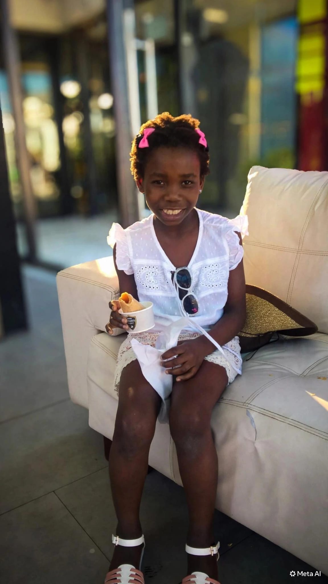 Kim en su infancia, sentada en un sillón con un helado